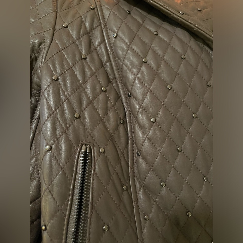 SOLD elsewhere. Worth NY Leather Moto Biker Jacket Mink Brown Quilted 4 SM $998 - Picture 7 of 8